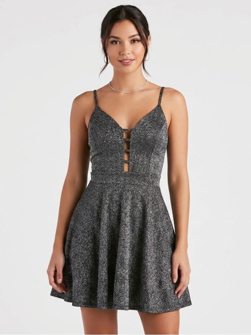 Charlotte Russe Metallic Charcoal V-Neck Mini Dress